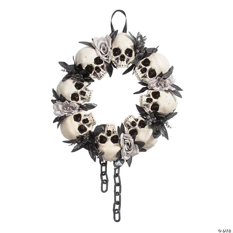 23 1/2" x 15 3/4" Skulls & White Roses Wreath Halloween Decoration | Horror-Shop.com