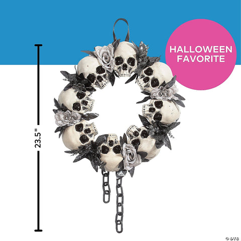 23 1/2" x 15 3/4" Skulls & White Roses Wreath Halloween Decoration | Horror-Shop.com