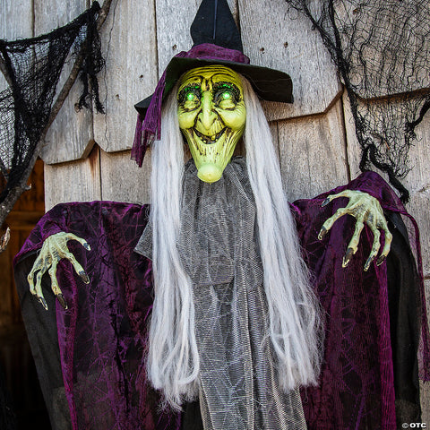 4 Ft. Hanging Animated Witch with Green Eyes Halloween Decoration | Horror-Shop.com