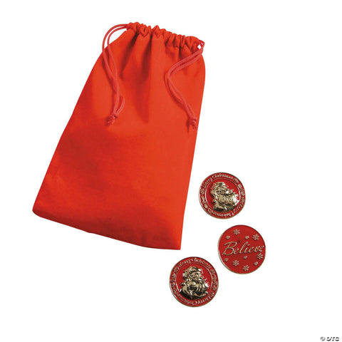 1 1/4" Red Santa Believe Metal Coins with Red Velvet Drawstring Bag - 24 Pc.