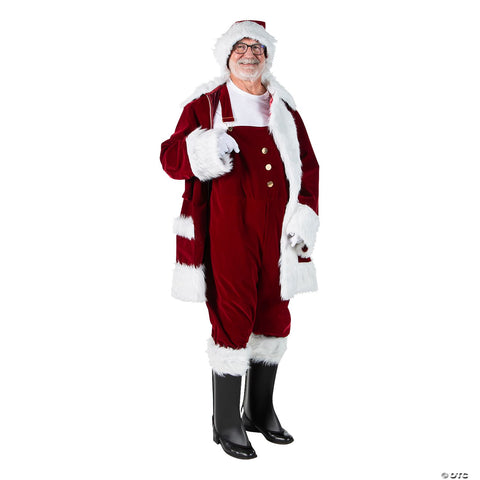 Men's Burgundy Velvet Santa Suit with Overalls Costume - XL