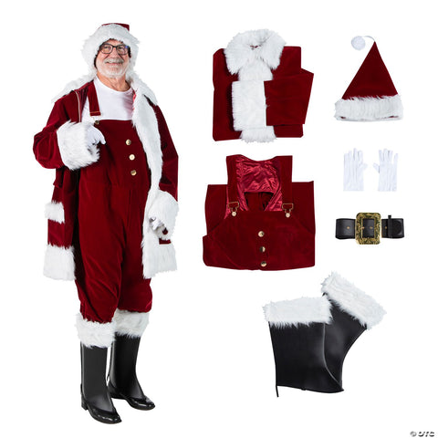 Men's Burgundy Velvet Santa Suit with Overalls Costume - XL