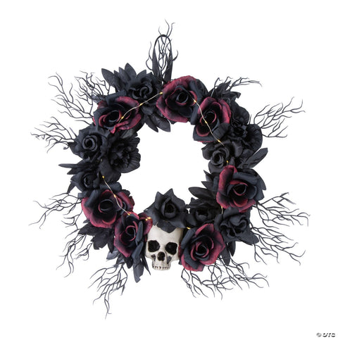 23 1/2" Light-Up Dead Roses & Skull Halloween Wreath Decoration | Horror-Shop.com
