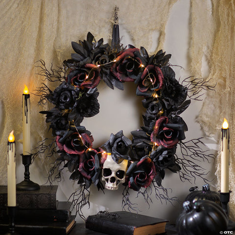 23 1/2" Light-Up Dead Roses & Skull Halloween Wreath Decoration | Horror-Shop.com