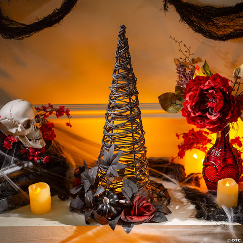 9" x 17 3/4" Black Rattan Wicker Witch’s Hat Halloween Decoration