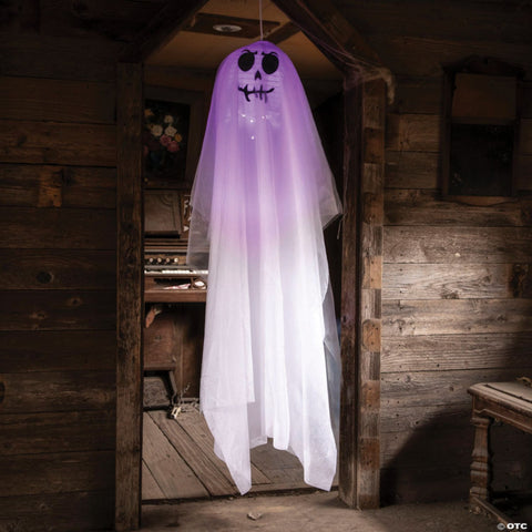 64 3/4" White Light-Up Smiling Ghost Hanging Halloween Decoration