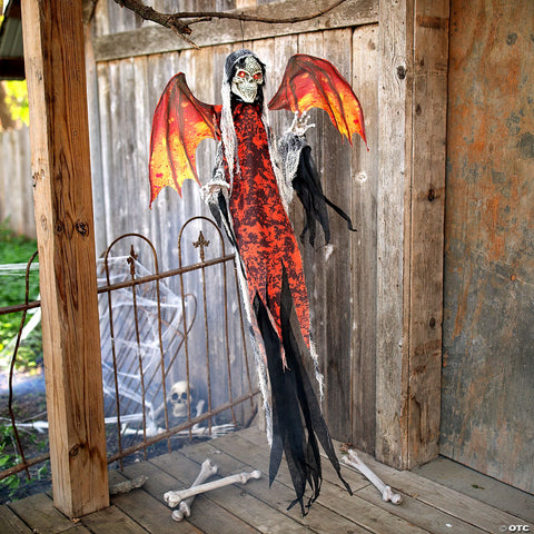 60 1/4" Animated & Light-Up Red Skeletal Reaper with Wings Hanging Decoration