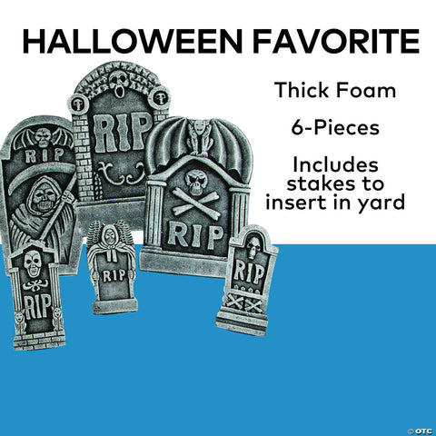 Grim Reaper RIP Foam Tombstone Halloween Decorations Set – 6 Pc.