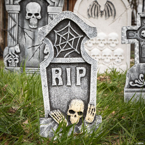 Bat & Skull Foam Tombstone Halloween Decorations Set – 6 Pc.