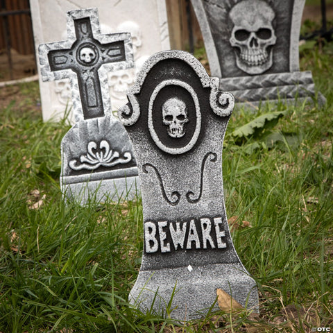 Bat & Skull Foam Tombstone Halloween Decorations Set – 6 Pc.