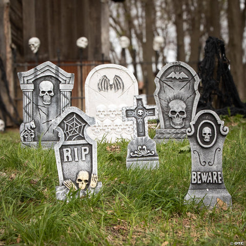 Bat & Skull Foam Tombstone Halloween Decorations Set – 6 Pc.