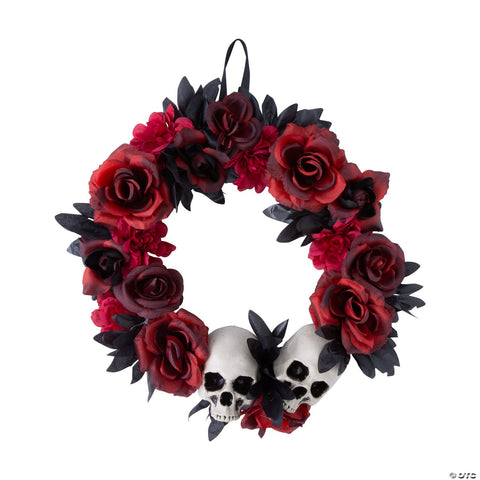 16 3/4" x 3 1/2" Red & Black Flower Wreath with Skulls Halloween Decoration | Horror-Shop.com