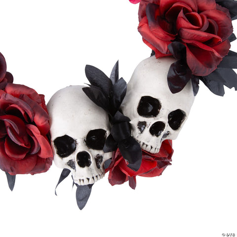 16 3/4" x 3 1/2" Red & Black Flower Wreath with Skulls Halloween Decoration | Horror-Shop.com