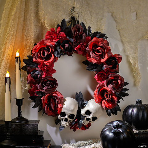 16 3/4" x 3 1/2" Red & Black Flower Wreath with Skulls Halloween Decoration | Horror-Shop.com