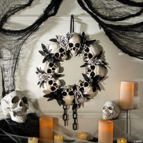 23 1/2" x 15 3/4" Skulls & White Roses Wreath Halloween Decoration