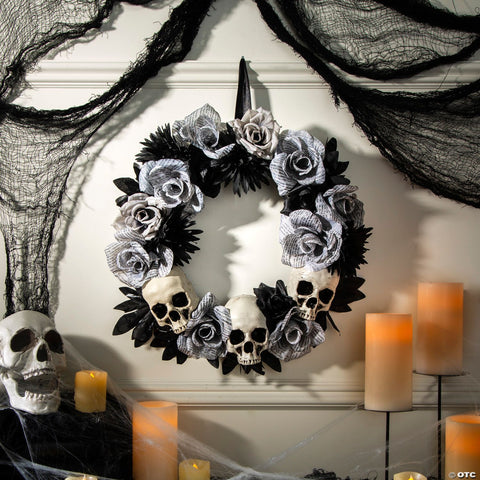 17 1/2" x 17 1/2" White Roses Wreath with Skulls Halloween Decoration