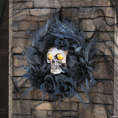 15 3/4" Black Wreath with Light-Up Skull & Sound