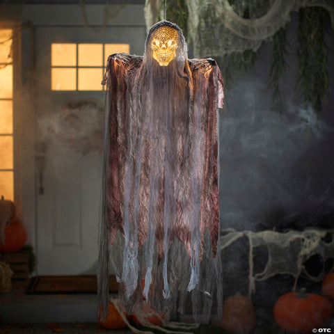 4 Ft. Hanging Orange Light-Up Skeleton Face Reaper Halloween Decoration