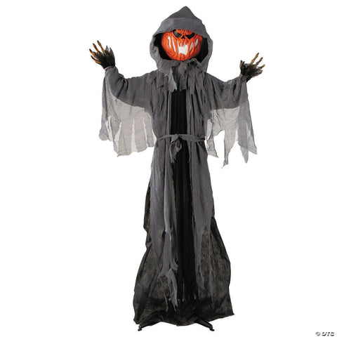 5 Ft 10 3/4" Animated Standing Light-Up Pumpkin Man in Hooded Cloak Halloween Decoration