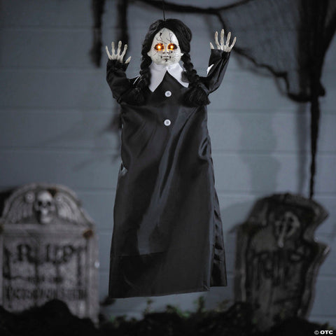 27 1/2" Animated Hanging Cracked Face Doll with Black Dress Halloween Decoration