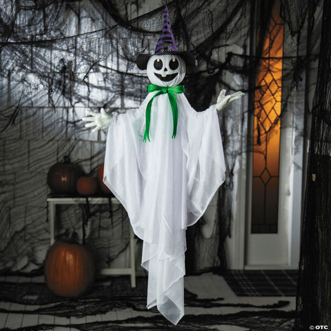 39 1/4" Animated Hanging Smiling Ghost with Witch Hat & Green Bow Halloween Decoration