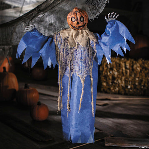 27 1/2" Hanging Blue & Burlap Pumpkin Man Halloween Decoration