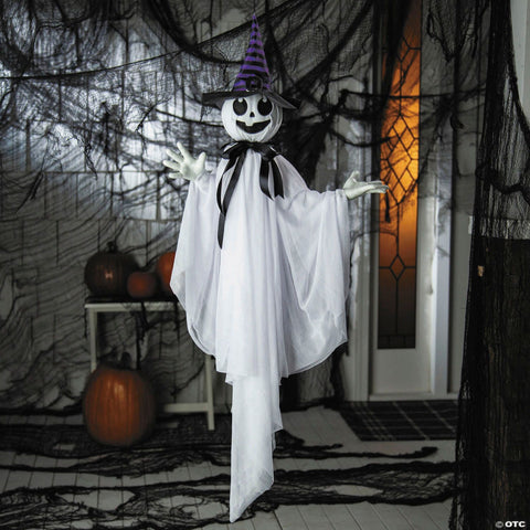 39 1/4" Animated Hanging Smiling Ghost with Witch Hat & Black Bow Halloween Decoration