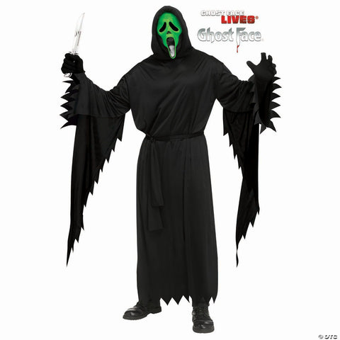 Kids Ghost Face® Black Robe with Green Fluorescent Mask Costume - Large 12-14