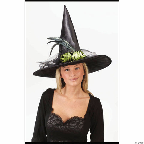 Fancy Feather & Green Rose Black Witch Hat Costume Accessory
