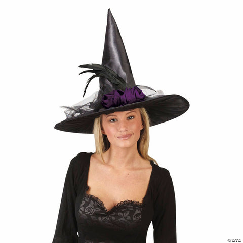 Fancy Feather & Purple Rose Black Witch Hat Costume Accessory