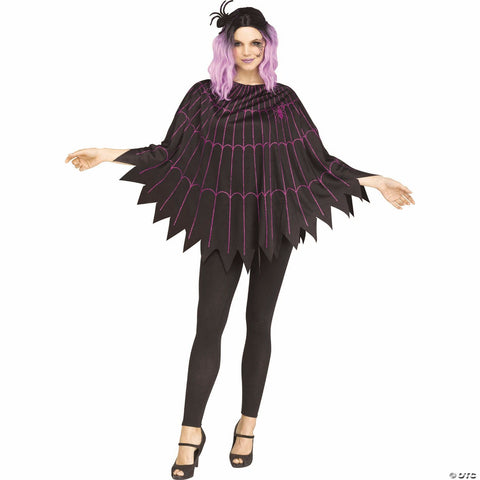 Adults Spiderweb Purple Glitter & Black Polyester Poncho - One Size