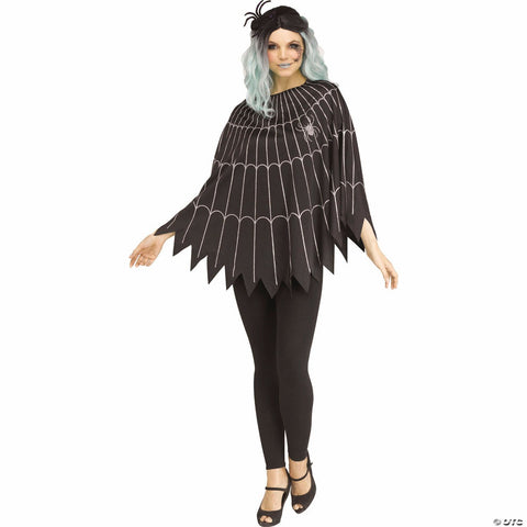 Adults Spiderweb Silver Glitter & Black Polyester Poncho - One Size
