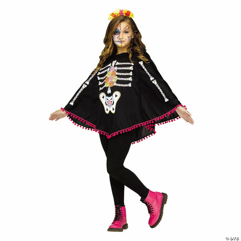 Kids Day of the Dead Skeleton Poncho Costume Accessory - One Size