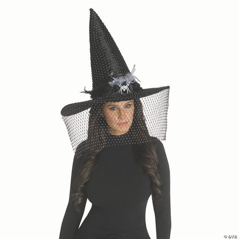 Adults Black Poiyester Witch Hat with Feathers, Spider Bling & Net Veil Costume Accessory