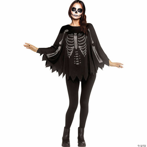 Adults Rhinestone Bling Skeleton Black Poncho Costume - One Size