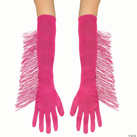 Adults Long Polyester Gloves with Pink Fringe Costume Accessory