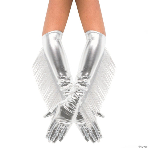 Adults Metallic Silver Fringe Long Gloves Costume Accessory
