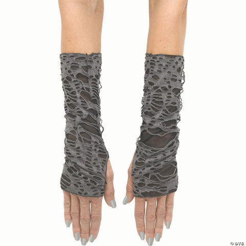 Adults Black & Gray Long Tattered Fingerless Sleevelets Costume Acesssory