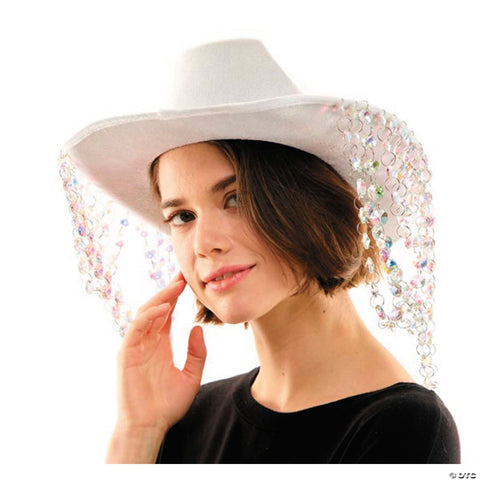 Adults White Cowboy Hat with Iridescent Beaded Fringe