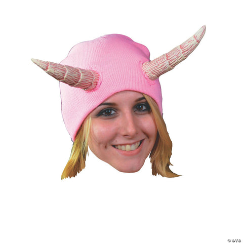 Adults Devil’s Cap Pink Knit Hat with Horns - One Size