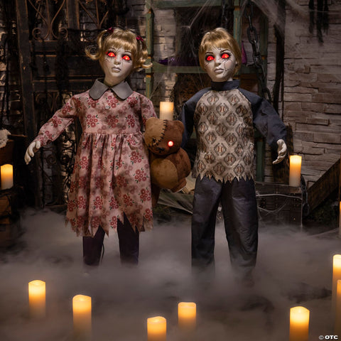 3 Ft. Animated Light-Up Apocalypse Twins with Stuffed Bear Halloween Decoration