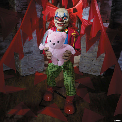 4 Ft. Animated Creepy Clown with Pink Bear Halloween Decoration
