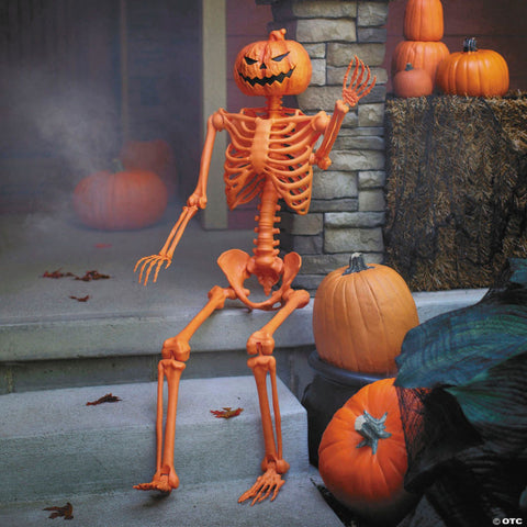 5 Ft. Posable Orange Pumpkinhead Skeleton Halloween Decoration