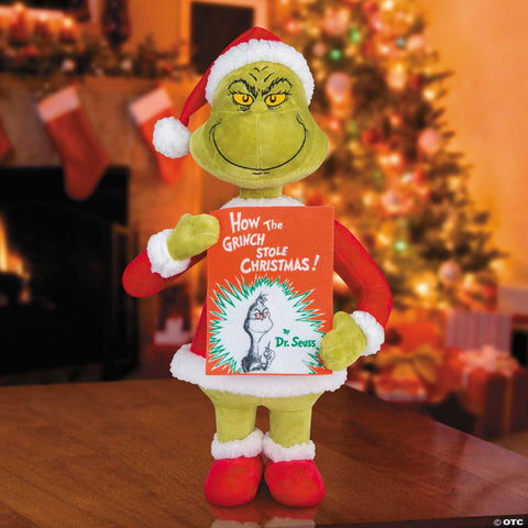 18 1/2" Holiday Greeter Stuffed Grinch in Santa Suit with Dr. Seuss™ Book Christmas Decoration
