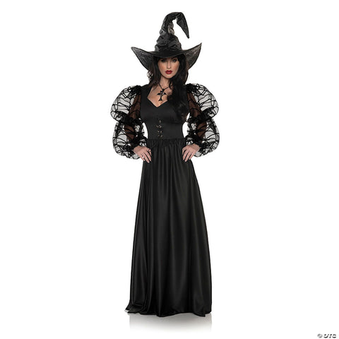 Adults Spider Web Mistress Black Lace Front Dress with Witch Hat Costume - Medium