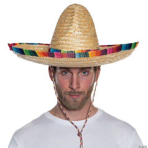 20" Adults Straw Sombrero with Multicolor Serape Trim