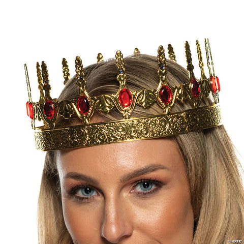 Adults Gold Plastic Crown with Red Faceted Gemstones